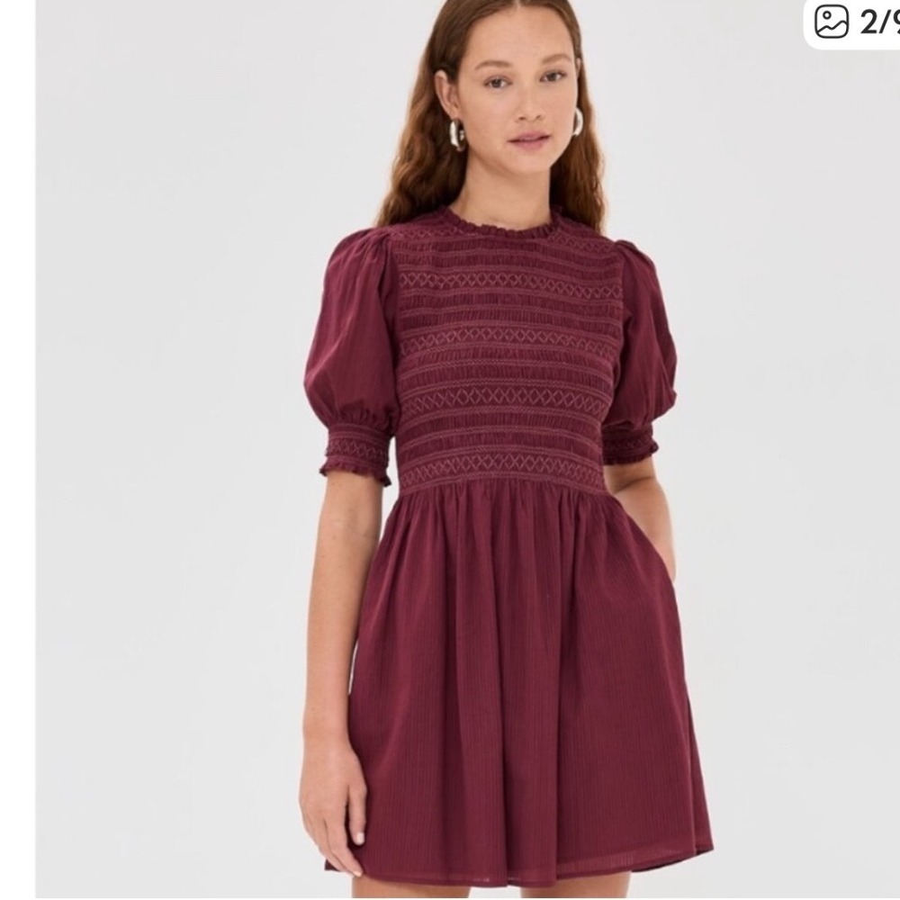 Hill House Med Home Smocked Mini Dress Women Burgundy Puff Sleeve Ruffle New